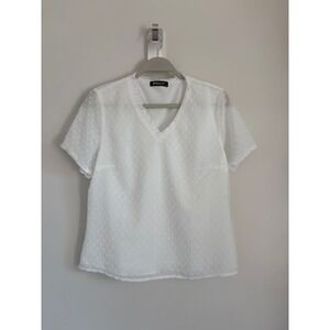 Allegra K White Swiss Dot V-Neck Lace Trim Short Sleeve Blouse Top Medium